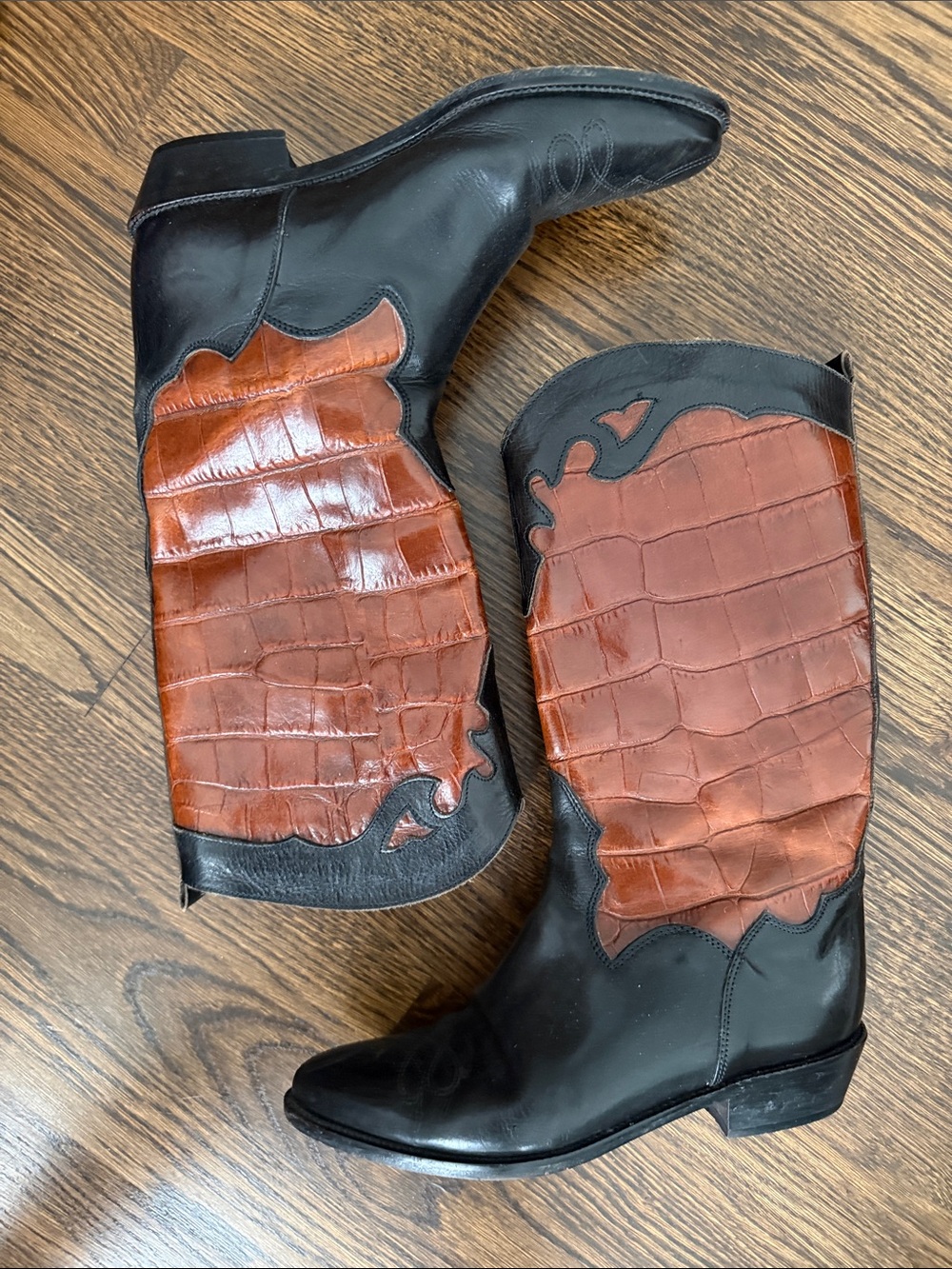 Vintage Joan & David Black and Brown Croc-Embossed Leather Heeled Boots